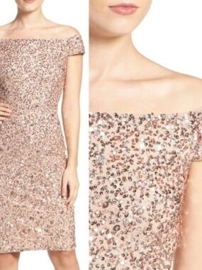 Adrianna Papell Rose Gold Sequin Off-Shoulder Dress 2p